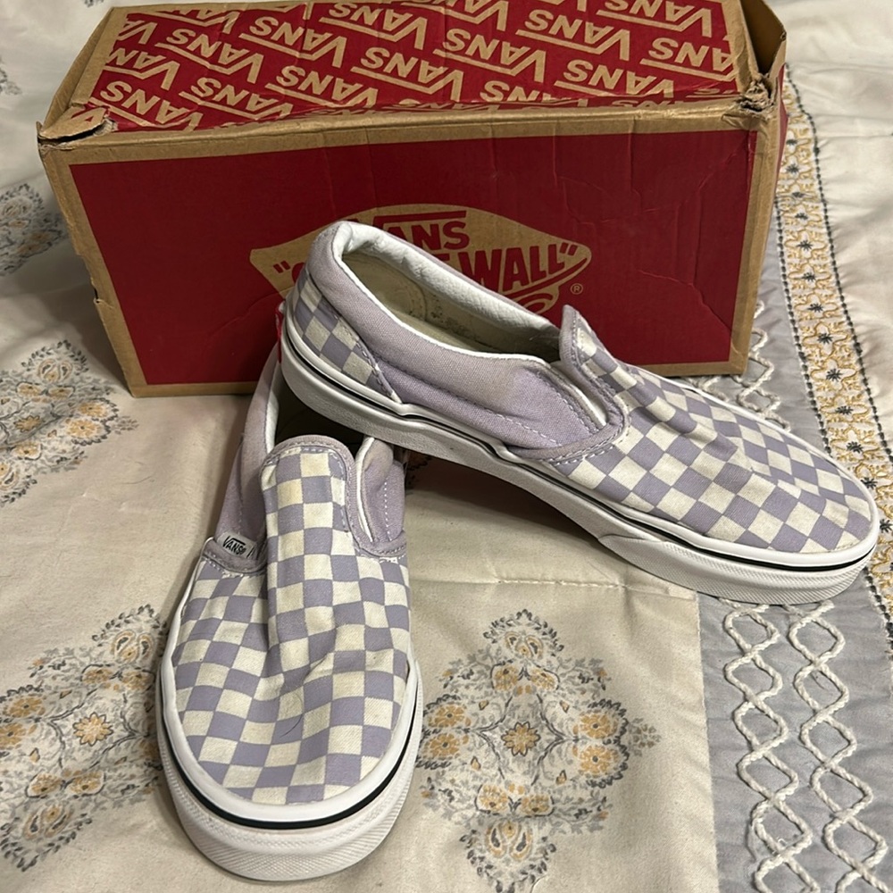 Vans kids slip on lavender purple and white check